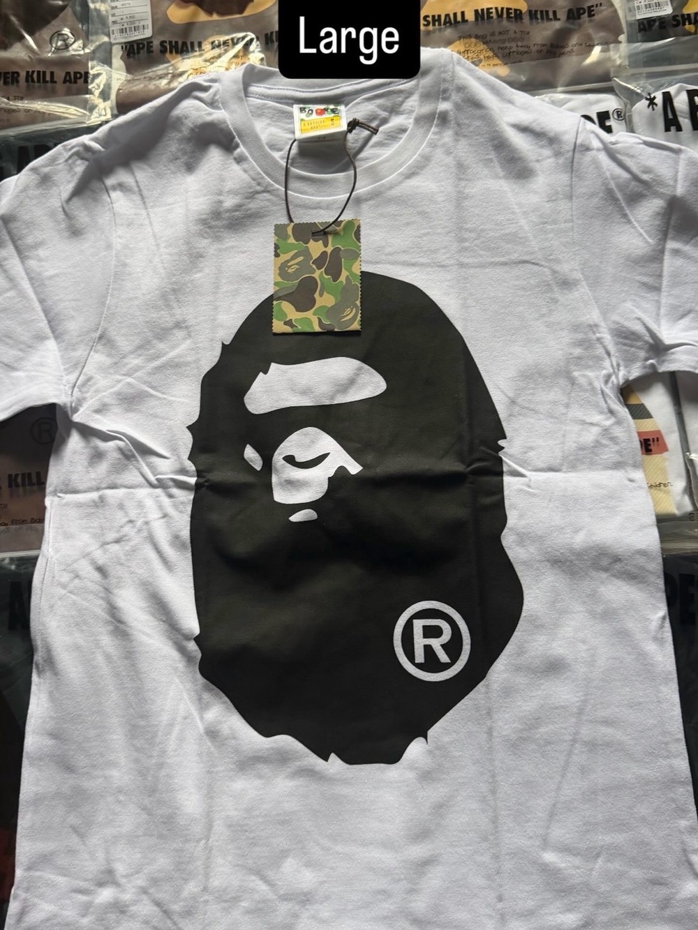 Bape White T-Shirt with Black Ape Graphic - Large double sided 1:1